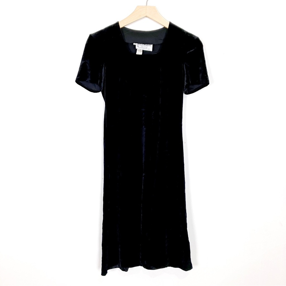 Vintage black velvet midi dress tie back square neck 90s y2k full skirt goth